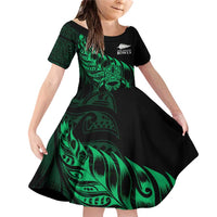 New Zealand Lawn Bowls Custom Family Matching Off Shoulder Short Dress and Hawaiian Shirt Green Maori Warrior Tribal Silver Fern LT9 Daughter's Dress Green - Polynesian Pride