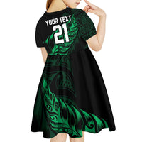 New Zealand Lawn Bowls Custom Kid Short Sleeve Dress Green Maori Warrior Tribal Silver Fern LT9 - Polynesian Pride