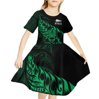 New Zealand Lawn Bowls Custom Kid Short Sleeve Dress Green Maori Warrior Tribal Silver Fern LT9 - Polynesian Pride