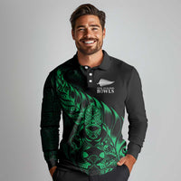 New Zealand Lawn Bowls Custom Long Sleeve Polo Shirt Green Maori Warrior Tribal Silver Fern - Polynesian Pride