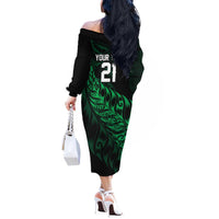 New Zealand Lawn Bowls Custom Off The Shoulder Long Sleeve Dress Green Maori Warrior Tribal Silver Fern - Polynesian Pride