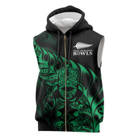 New Zealand Lawn Bowls Custom Sleeveless Zip Hoodie Green Maori Warrior Tribal Silver Fern LT9 Green - Polynesian Pride