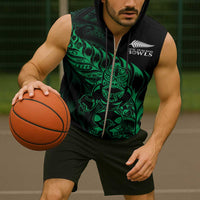 New Zealand Lawn Bowls Custom Sleeveless Zip Hoodie Green Maori Warrior Tribal Silver Fern LT9 - Polynesian Pride
