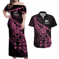New Zealand Lawn Bowls Custom Couples Matching Off Shoulder Maxi Dress and Hawaiian Shirt Pink Maori Warrior Tribal Silver Fern LT9 Pink - Polynesian Pride