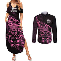 New Zealand Lawn Bowls Custom Couples Matching Summer Maxi Dress and Long Sleeve Button Shirt Pink Maori Warrior Tribal Silver Fern LT9 Pink - Polynesian Pride