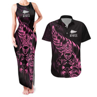 New Zealand Lawn Bowls Custom Couples Matching Tank Maxi Dress and Hawaiian Shirt Pink Maori Warrior Tribal Silver Fern LT9 Pink - Polynesian Pride
