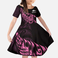New Zealand Lawn Bowls Custom Family Matching Off The Shoulder Long Sleeve Dress and Hawaiian Shirt Pink Maori Warrior Tribal Silver Fern LT9 Daughter's Dress Pink - Polynesian Pride