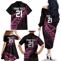 New Zealand Lawn Bowls Custom Family Matching Off The Shoulder Long Sleeve Dress and Hawaiian Shirt Pink Maori Warrior Tribal Silver Fern LT9 - Polynesian Pride