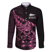 New Zealand Lawn Bowls Custom Family Matching Off Shoulder Maxi Dress and Hawaiian Shirt Pink Maori Warrior Tribal Silver Fern LT9 Dad's Shirt - Long Sleeve Pink - Polynesian Pride