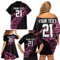New Zealand Lawn Bowls Custom Family Matching Off Shoulder Short Dress and Hawaiian Shirt Pink Maori Warrior Tribal Silver Fern LT9 - Polynesian Pride