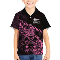 New Zealand Lawn Bowls Custom Family Matching Off Shoulder Short Dress and Hawaiian Shirt Pink Maori Warrior Tribal Silver Fern LT9 Son's Shirt Pink - Polynesian Pride