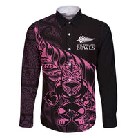 New Zealand Lawn Bowls Custom Family Matching Short Sleeve Bodycon Dress and Hawaiian Shirt Pink Maori Warrior Tribal Silver Fern LT9 Dad's Shirt - Long Sleeve Pink - Polynesian Pride
