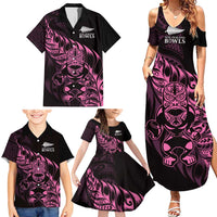 New Zealand Lawn Bowls Custom Family Matching Summer Maxi Dress and Hawaiian Shirt Pink Maori Warrior Tribal Silver Fern - Polynesian Pride
