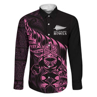 New Zealand Lawn Bowls Custom Family Matching Tank Maxi Dress and Hawaiian Shirt Pink Maori Warrior Tribal Silver Fern LT9 Dad's Shirt - Long Sleeve Pink - Polynesian Pride
