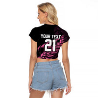 New Zealand Lawn Bowls Custom Raglan Cropped T Shirt Pink Maori Warrior Tribal Silver Fern LT9 - Polynesian Pride