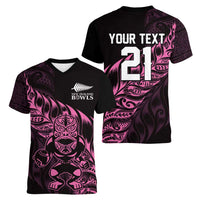 New Zealand Lawn Bowls Custom Women V-Neck T-Shirt Pink Maori Warrior Tribal Silver Fern LT9 - Polynesian Pride