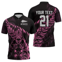 New Zealand Lawn Bowls Custom Zipper Polo Shirt Pink Maori Warrior Tribal Silver Fern - Polynesian Pride