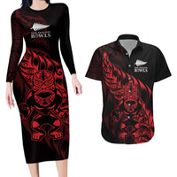 New Zealand Lawn Bowls Custom Couples Matching Long Sleeve Bodycon Dress and Hawaiian Shirt Red Maori Warrior Tribal Silver Fern LT9 Red - Polynesian Pride