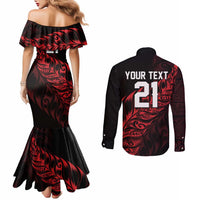 New Zealand Lawn Bowls Custom Couples Matching Mermaid Dress and Long Sleeve Button Shirt Red Maori Warrior Tribal Silver Fern LT9 - Polynesian Pride