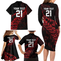 New Zealand Lawn Bowls Custom Family Matching Long Sleeve Bodycon Dress and Hawaiian Shirt Red Maori Warrior Tribal Silver Fern - Polynesian Pride