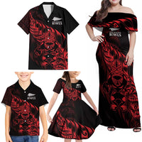 New Zealand Lawn Bowls Custom Family Matching Off Shoulder Maxi Dress and Hawaiian Shirt Red Maori Warrior Tribal Silver Fern LT9 - Polynesian Pride