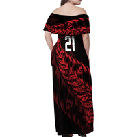 New Zealand Lawn Bowls Custom Family Matching Off Shoulder Maxi Dress and Hawaiian Shirt Red Maori Warrior Tribal Silver Fern LT9 - Polynesian Pride