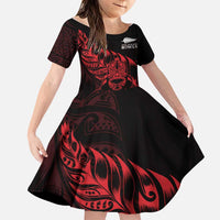 New Zealand Lawn Bowls Custom Family Matching Off Shoulder Short Dress and Hawaiian Shirt Red Maori Warrior Tribal Silver Fern LT9 Daughter's Dress Red - Polynesian Pride