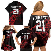 New Zealand Lawn Bowls Custom Family Matching Off Shoulder Short Dress and Hawaiian Shirt Red Maori Warrior Tribal Silver Fern LT9 - Polynesian Pride