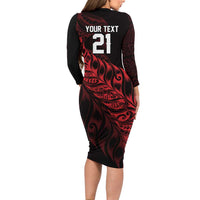 New Zealand Lawn Bowls Custom Long Sleeve Bodycon Dress Red Maori Warrior Tribal Silver Fern - Polynesian Pride