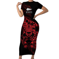 New Zealand Lawn Bowls Custom Short Sleeve Bodycon Dress Red Maori Warrior Tribal Silver Fern LT9 Long Dress Red - Polynesian Pride