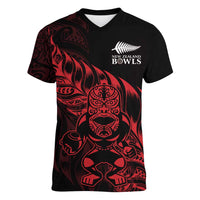 New Zealand Lawn Bowls Custom Women V-Neck T-Shirt Red Maori Warrior Tribal Silver Fern - Polynesian Pride