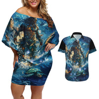 New Zealand Matariki Waita Couples Matching Off Shoulder Short Dress and Hawaiian Shirt The Way Of The Water LT9 Black - Polynesian Pride