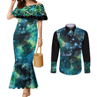 New Zealand Matariki Waiti Couples Matching Mermaid Dress and Long Sleeve Button Shirt The Beginnings Of Life LT9 Black - Polynesian Pride