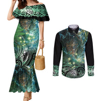 New Zealand Matariki Waiti Couples Matching Mermaid Dress and Long Sleeve Button Shirt Waimori and The Origin Of Life LT9 Black - Polynesian Pride