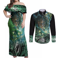 New Zealand Matariki Waiti Couples Matching Off Shoulder Maxi Dress and Long Sleeve Button Shirt Waimori and The Origin Of Life LT9 Black - Polynesian Pride