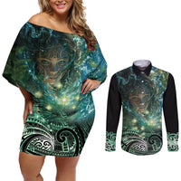 New Zealand Matariki Waiti Couples Matching Off Shoulder Short Dress and Long Sleeve Button Shirt Waimori and The Origin Of Life LT9 Black - Polynesian Pride
