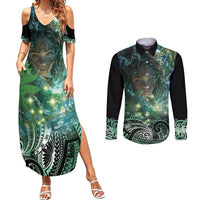 New Zealand Matariki Waiti Couples Matching Summer Maxi Dress and Long Sleeve Button Shirt Waimori and The Origin Of Life LT9 Black - Polynesian Pride