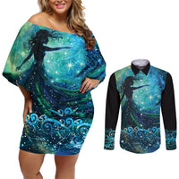 New Zealand Matariki Hiwa-i-te-rangi Couples Matching Off Shoulder Short Dress and Long Sleeve Button Shirt Titiro ki nga Whetu Wishing Star LT9 Black - Polynesian Pride