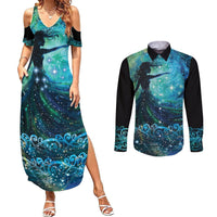 New Zealand Matariki Hiwa-i-te-rangi Couples Matching Summer Maxi Dress and Long Sleeve Button Shirt Titiro ki nga Whetu Wishing Star LT9 Black - Polynesian Pride