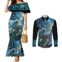 New Zealand Matariki Ururangi Couples Matching Mermaid Dress and Long Sleeve Button Shirt The Murmur Of The Wind LT9 Black - Polynesian Pride