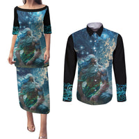 New Zealand Matariki Ururangi Couples Matching Puletasi and Long Sleeve Button Shirt The Murmur Of The Wind LT9 Black - Polynesian Pride