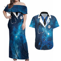 New Zealand Nurses RN Personalised Couples Matching Off Shoulder Maxi Dress and Hawaiian Shirt Galaxy Stethoscope Maori Motif LT9 Galaxy - Polynesian Pride