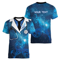 New Zealand Nurses RN Personalised Women V-Neck T-Shirt Galaxy Stethoscope Maori Motif