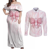 New Zealand Nurses RN Personalised Couples Matching Off Shoulder Maxi Dress and Long Sleeve Button Shirt Pink Stethoscope Coquette Bow Maori Motif LT9 Pink - Polynesian Pride