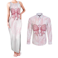 New Zealand Nurses RN Personalised Couples Matching Tank Maxi Dress and Long Sleeve Button Shirt Pink Stethoscope Coquette Bow Maori Motif LT9 Pink - Polynesian Pride