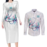 New Zealand Nurses RN Personalised Couples Matching Long Sleeve Bodycon Dress and Long Sleeve Button Shirt Stethoscope Floral Maori Motif LT9 White - Polynesian Pride