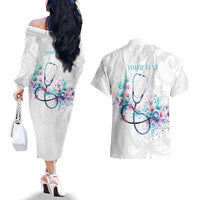 New Zealand Nurses RN Personalised Couples Matching Off The Shoulder Long Sleeve Dress and Hawaiian Shirt Stethoscope Floral Maori Motif LT9 - Polynesian Pride
