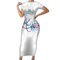 New Zealand Nurses RN Personalised Short Sleeve Bodycon Dress Stethoscope Floral Maori Motif