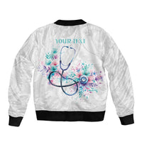 New Zealand Nurses RN Personalised Sleeve Zip Bomber Jacket Stethoscope Floral Maori Motif