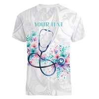 New Zealand Nurses RN Personalised Women V-Neck T-Shirt Stethoscope Floral Maori Motif LT9 - Polynesian Pride